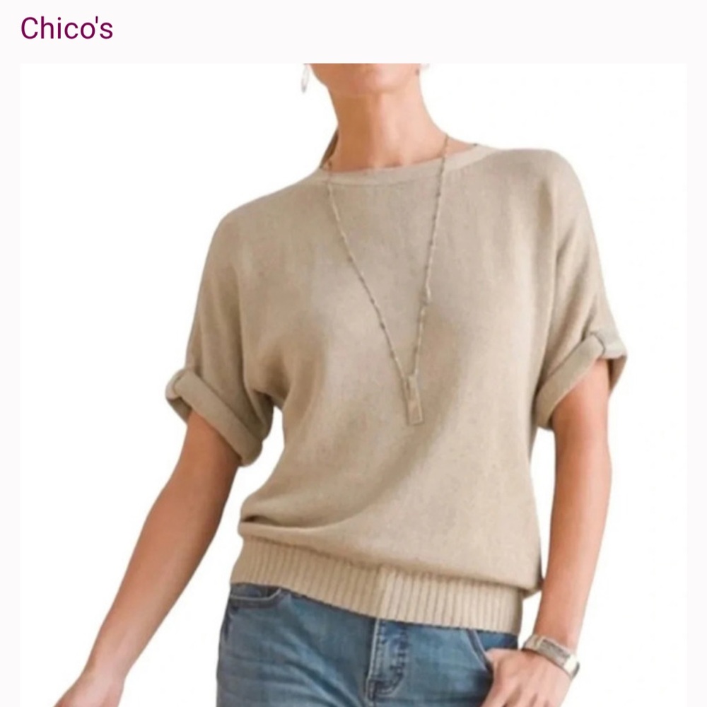 Chico's Linen blend, caviar trim. Classic Beige Crew Neck Sweater